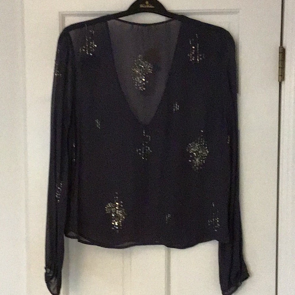Embellished Navy Blue Sheer Long Sleeve Top, CHAN LUU, size Large, NWT - Picture 2 of 6